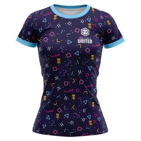 Women's Disc Golf Jersey - DGU Party Time Design. Navy color. Front view.