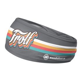 Sports Headband - Performance - Frolf Logo - Disc Golf. Gray color with white, orange, red, and green stripes across middle. 