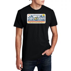 Disc Golf License Plate Tee - California. Black color. Front.
