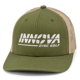 Disc Golf Hat - Innova Burst Logo - Snapback Mesh. Green and khaki color.