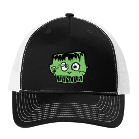 Innova Disc Golf Hats - InnPress Franken Hat. Black and White hat with green logo. Front view. 
