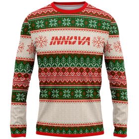 Holiday Sweater Long Sleeve Disc Golf Jersey - Innova. Red, white, and green colors. Front view.