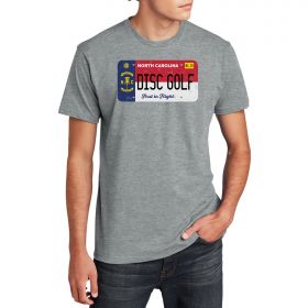 Disc Golf License Plate Tee - North Carolina. Light gray color. Front.