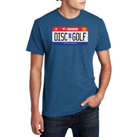 Disc Golf License Plate Tee - Ohio. Blue color. Front.