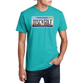 Disc Golf License Plate Tee – South Carolina. Teal color. Front.