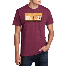 Disc Golf License Plate Tee – Texas. Maroon color. Front.