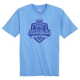 Kids Disc Golf Shirt - Throw Pink Women's Championship Logo. Blue color. Front. 